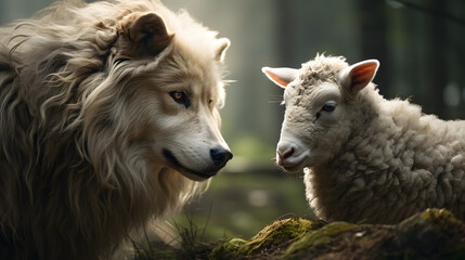 wolf and sheep meetup  - obrazy, fototapety, plakaty