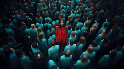 Standing out from the crowd concept with well dressed woman rising above crowd of different people
