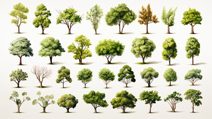 A collection of isolated trees, forming a diverse set of plants, stands against a clean white background.