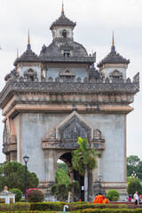 Vientiane, Laos - 02 May 2023 - Patuxai Gate in the Thannon Lanxing area of Vientiane, Laos