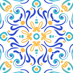 Abstract watercolor tile ornament with bright colors - yellow, turquoise, blue. Seamless pattern on a white background. Large format.