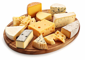 Assortment of cheeses on round wooden board on white background.Macro.AI Generative
