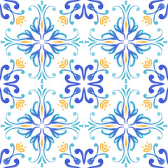 Abstract watercolor tile ornament with bright colors - yellow, turquoise, blue. Seamless pattern on a white background. Large format.