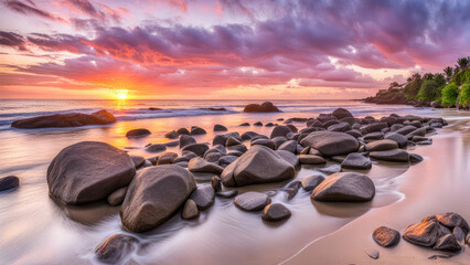 Landscape concept background of beautiful rocks on the beach at sunset