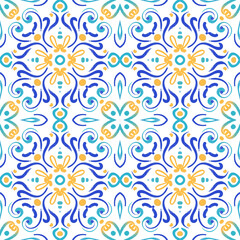 Abstract watercolor tile ornament with bright colors - yellow, turquoise, blue. Seamless pattern on a white background. Large format.