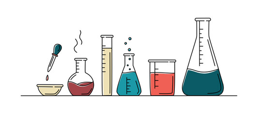 Set of colourful chemical flasks in doodle style