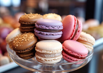 Fototapeta premium Various taste and color macarons pastry dessert in cafe.Macro.AI Generative