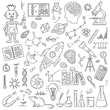 Science doodle set with rocket, constellation, telescope, microscope, flask, books, DNA, magnet, planet, radio telescope in doodle style. Vector line art sketch