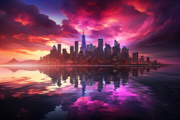 Fototapeta na wymiar Futuristic city skyline background at night amazing view cyberpunk with pink and blue clouds, panorama view. High quality photo