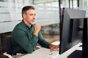 Busy mature professional business man looking at pc monitor working at desk. Serious mid aged...