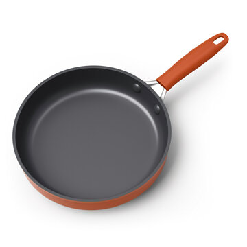 Three-dimensional icon of a frying pan. Kitchen utensils. Solitary item against a white backdrop.