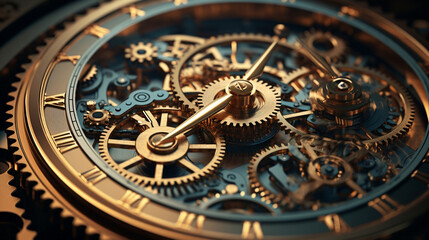 Fototapeta na wymiar Technology clockwork macro antique time watch metallic old gear detail clock mechanic