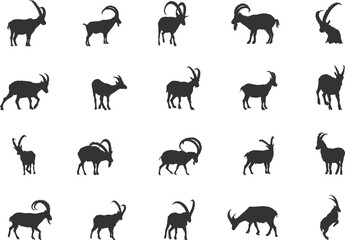Ibex silhouette, Ibex goat silhouette, Alpine ibex silhouette, Ibex vector, Ibex Gazelle, Ibex icon set - obrazy, fototapety, plakaty