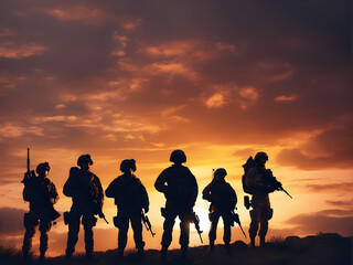 six silhouettes of soldier against the background of the sunset sky. generative AI