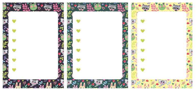 Set of style note organizer, check list, to do list with kawaii animals pattern. Printable checklist. Stationery for little kids