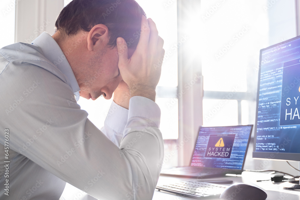 Aufkleber ransomware malware attack. business computer hacked