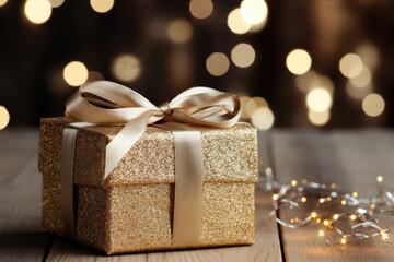 Golden christmas gift on white blured background. High quality photo