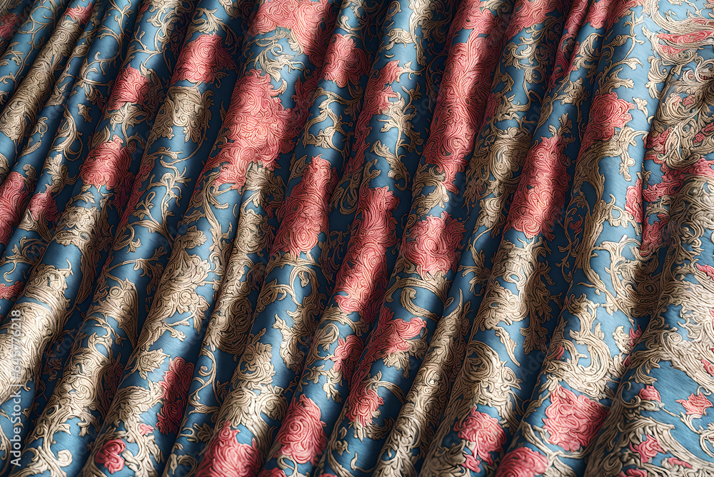 Poster texture of crumpled fabric with waves and patterns. colored smooth luxury material with ornament, fl