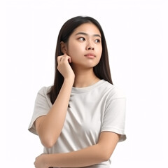 Fototapeta premium Asian girl in a t-shirt, contemplating a decision with her finger raised to her chin, isolated on a white background.