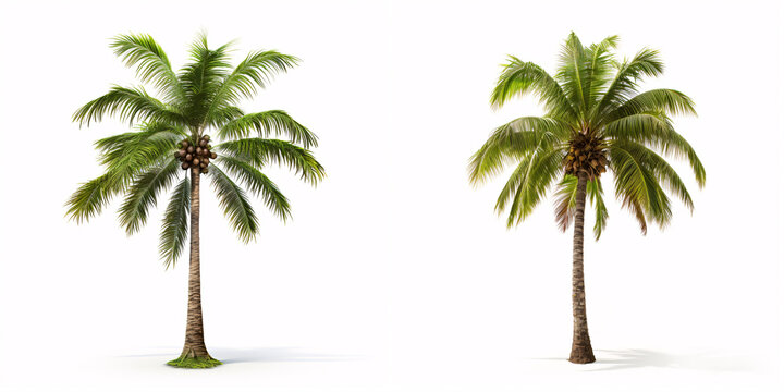 On a blank white surface, stands a solitary coconut palm tree—a representation of tropical allure..