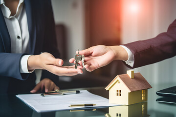 Real estate agent hands over the keys to the new owner after signing the contract and completing the financial transaction - obrazy, fototapety, plakaty