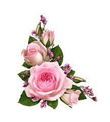 Pink rose flowers and limonium in a corner floral arrangement isolated on white or transparent background