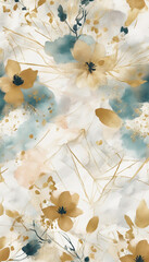 Wallpaper made of flowers, paint strokes and gold. Generative AI.