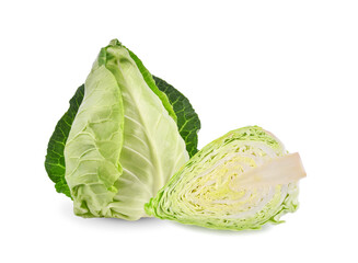 Fresh green pointed cabbage with slice isolated on transparent background. PNG