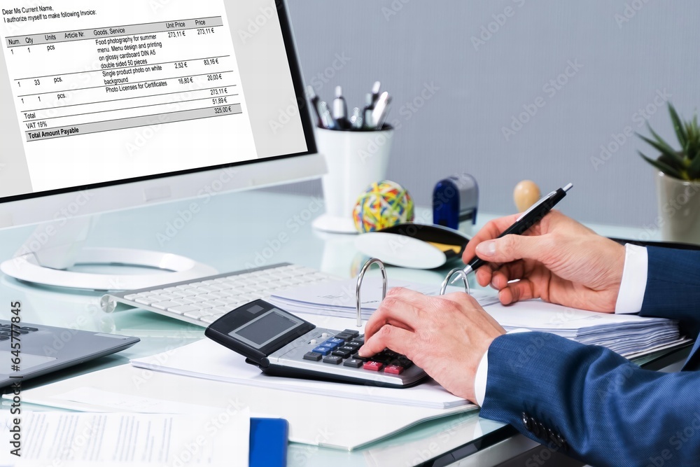 Poster accountant making invoice on computer