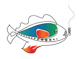 One line drawing of fish with meat
One continuous line drawing of fish attacking to fishing hook.