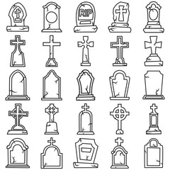 Vector collection of line art illustrations of tombstones
