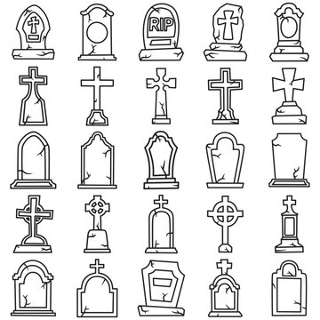 Vector collection of line art illustrations of tombstones