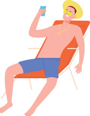 Guy resting in beach bed with cold drink. Summer relax