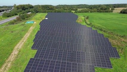 Aerial view of a large solar park for alternative energy production.