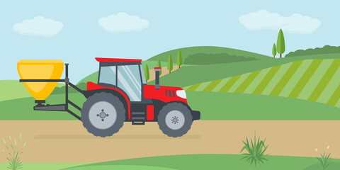 Trattore pregiati fertilizzante. Aereo vola giallo spruzzatura agricola pesticidi in materia di sostanze chimiche. - illustrazioni