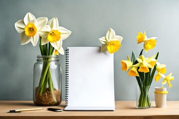 daffodils in a vase on the table with a notepad
