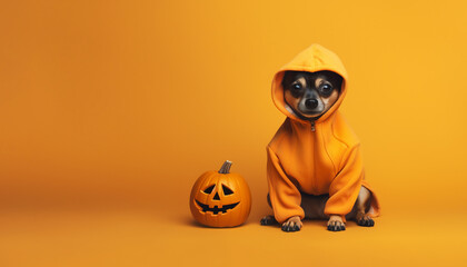 A small dog with a halloween outfit