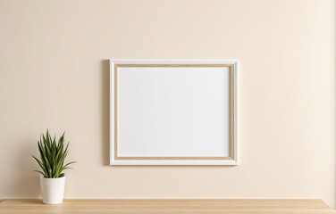 Fototapeta na wymiar Blank picture frame on a beige wall. Concept mockup.