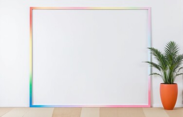 Blank whiteboard with a colorful frame and a potted plant on the right side
