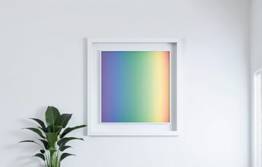 Frame with rainbow gradient, hung on a white wall. Concept mockup.