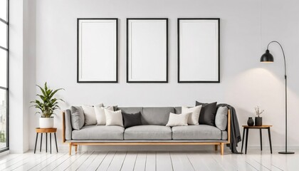 Fototapeta premium Mockup of three blank picture frames hanging on a wall above a couch in a living room