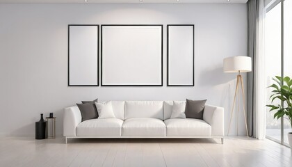 Fototapeta premium Mockup of three blank picture frames hanging on a wall above a couch in a living room