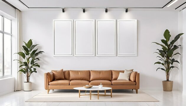 Mockup of four blank picture frames hanging on a wall above a couch in a living room