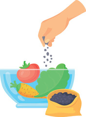 Salad seasoning icon. Hand pouring pepper on vegetables in glass bowl