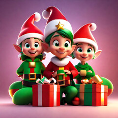 Three elves two boys and a girl sitting on Christmas presents ready to give Santa Claus