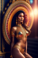 Fototapeta premium from behind, of a spiritual full body Filipina supermodel in a Brazilian swimsuit, looking directly into the camera with sunburst arround her head, happy loyal face, inside a kitsch church, style of 