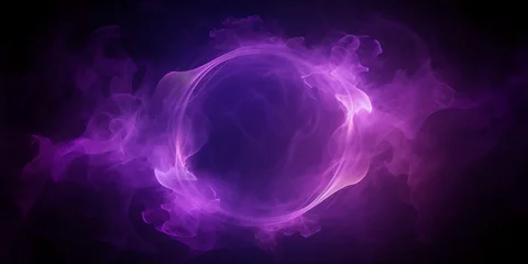 Foto op Aluminium Smoke exploding outward from circular empty center, dramatic smoke or fog effect with purple scary glowing for spooky Halloween background. © Jasper W