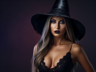 Portrait of sexy beautiful scary woman wear gothic witch costume and hat isolated on dark background with copy space, idea of Halloween party.