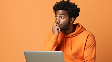 Portrait of a confused puzzled minded African American man in orange top isolated on orange background, with copy space.