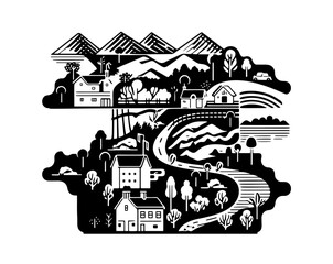 Village houses sketch. Rural landscape countryside.
